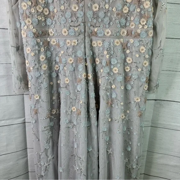 Mac Duggal size 16 Embellished Wrap Over Illusion Long Sleeve A Line Gown Gray - Picture 10 of 16